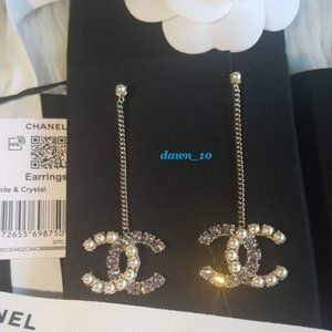 Chanel Pearl Crystal CC Dangle Earrings, Gold